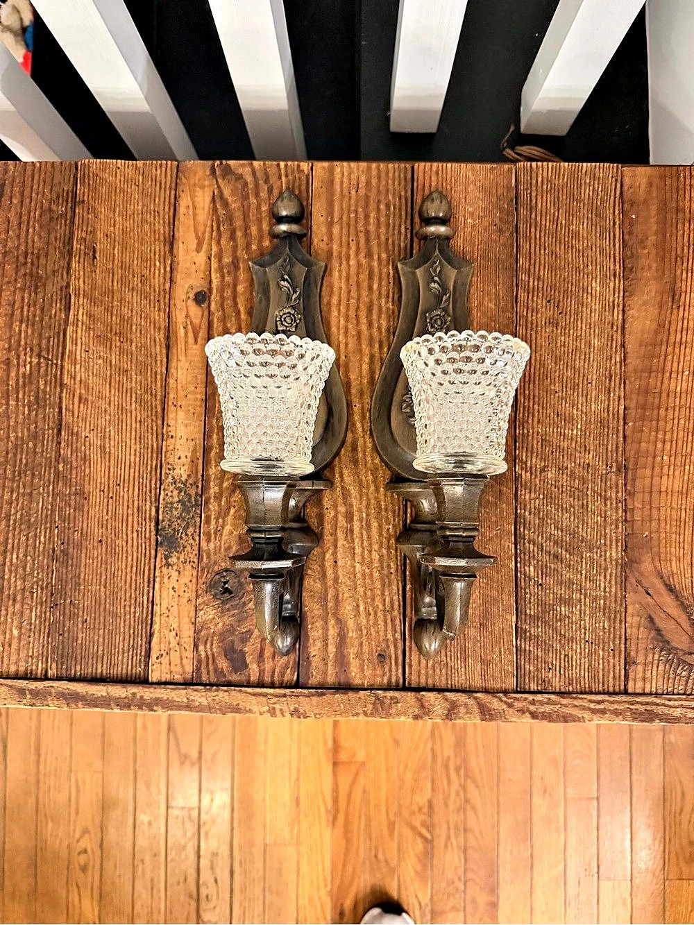Pair of Vintage Floral Wall Sconces with clear hobnail glass votive cups.